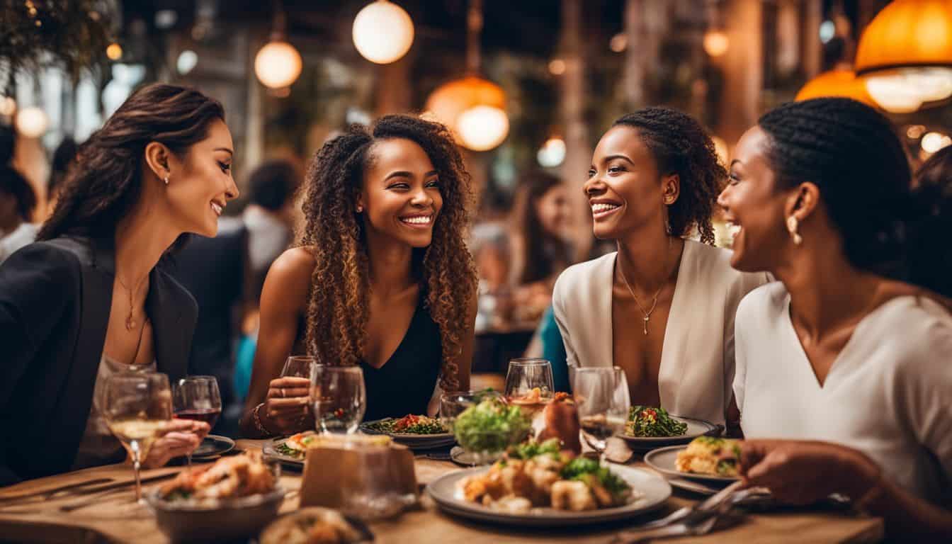 A group of friends enjoying a meal in a vibrant restaurant atmosphere. A group of friends enjoying a meal after their teeth in a day procedure