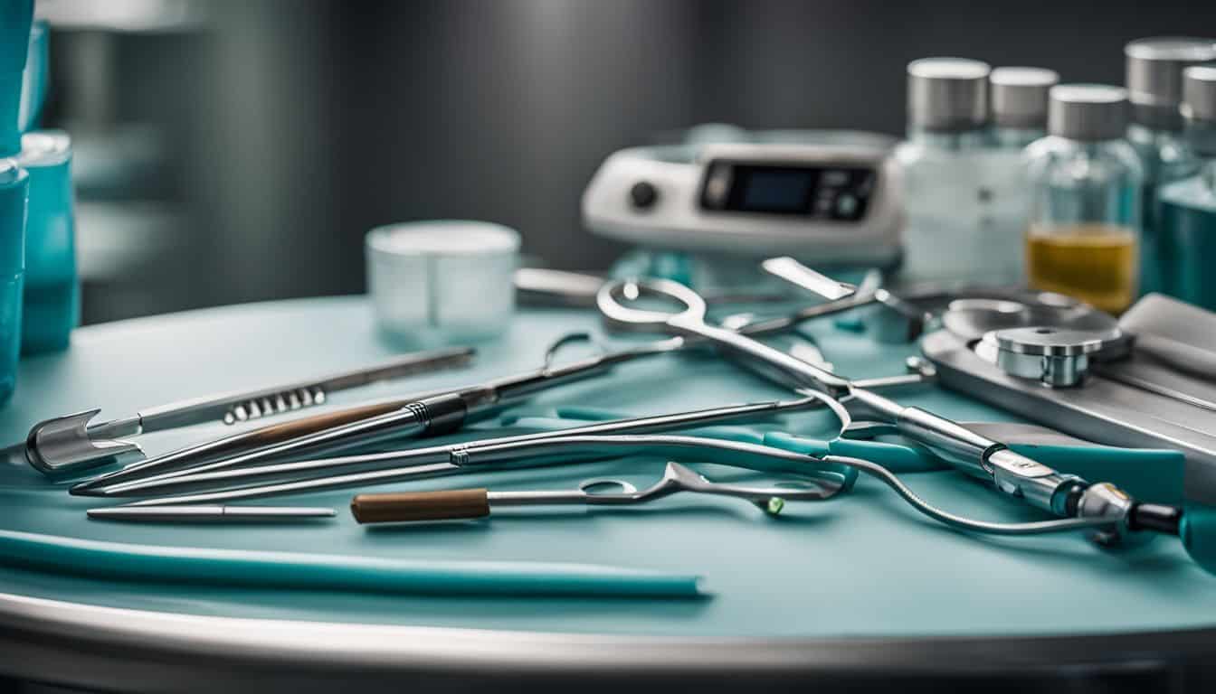 A dental surgical instrument set on an operating table. A dental surgical instrument set on an operating table.