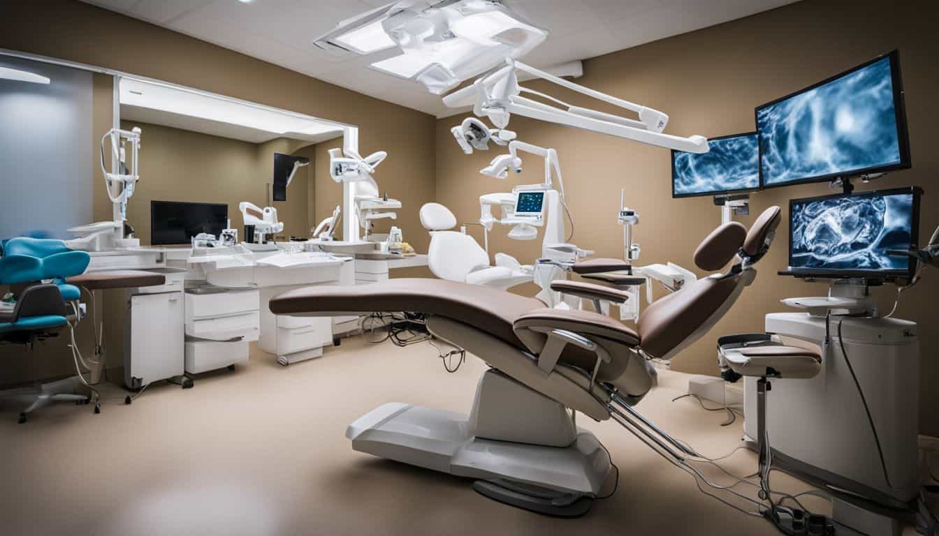 A patient reclining in a dental chair surrounded by modern oral surgery equipment. A patient reclining in a dental chair surrounded by modern oral surgery equipment.