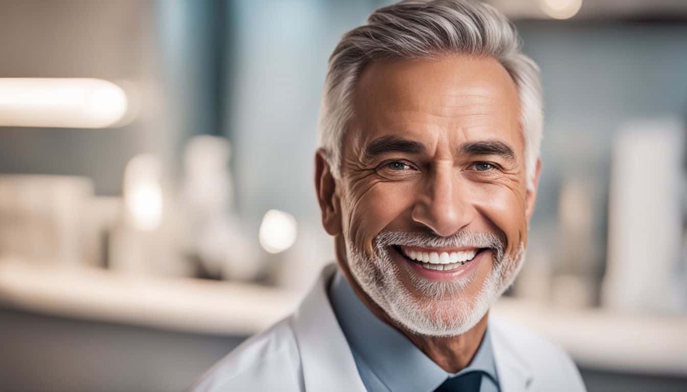 A person smiling confidently after receiving same-day dentures in a modern dental clinic. A person smiling confidently after receiving same-day dentures in a modern dental clinic.