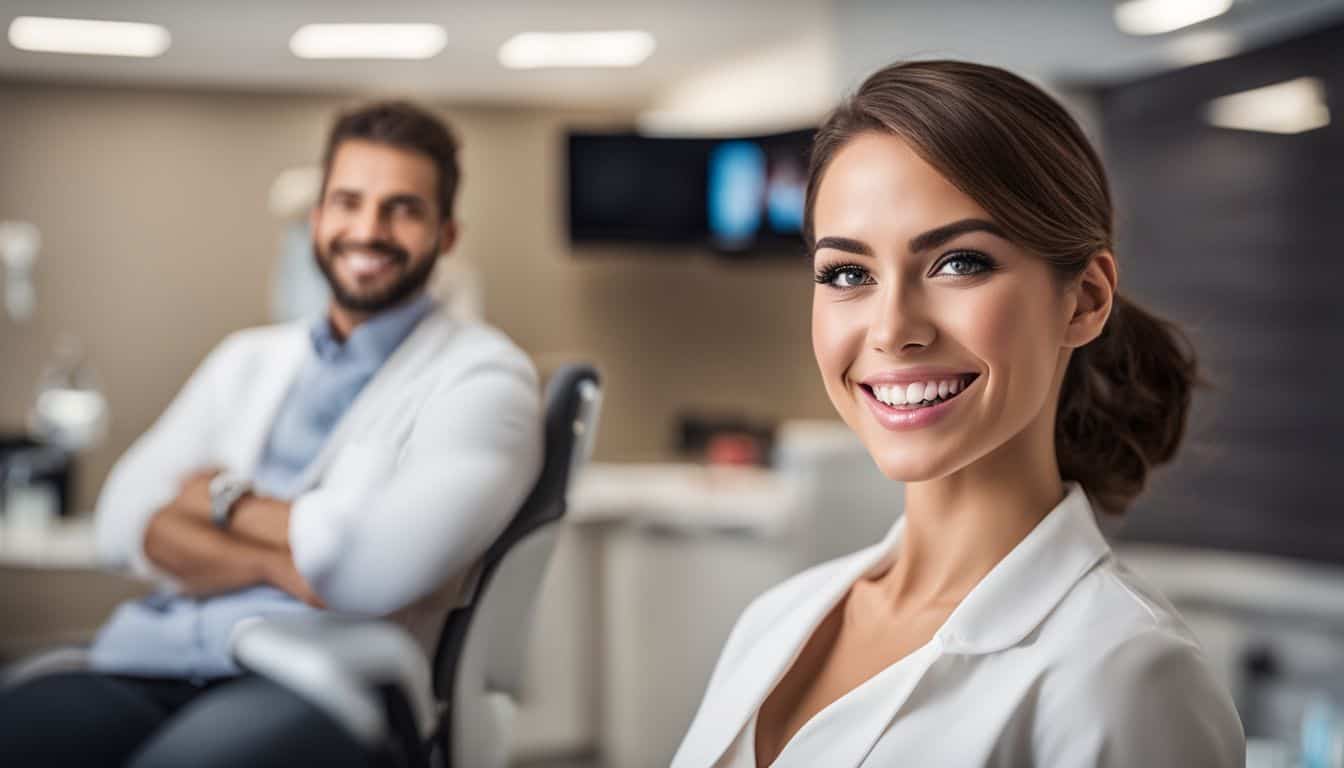 A happy patient showing off their new smile in a modern dental office. A happy patient showing off their new smile in a modern dental office.