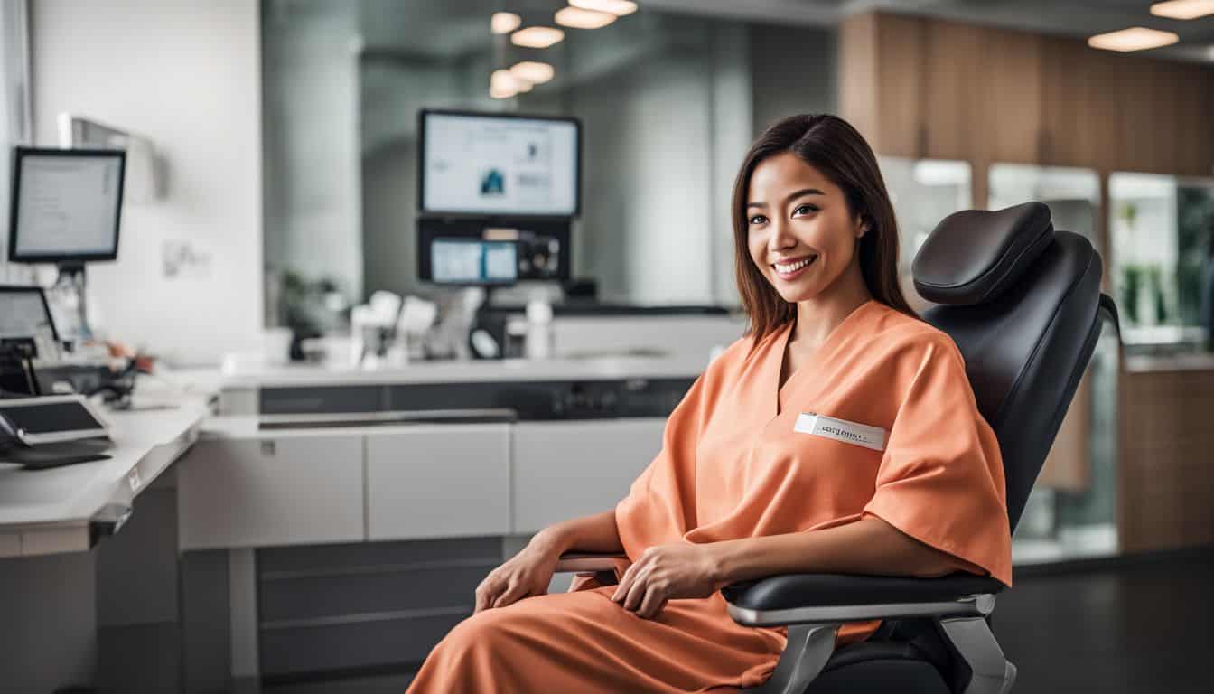 A patient in a surgical gown sits in a modern dental office. A patient in a surgical gown sits in a modern dental office.