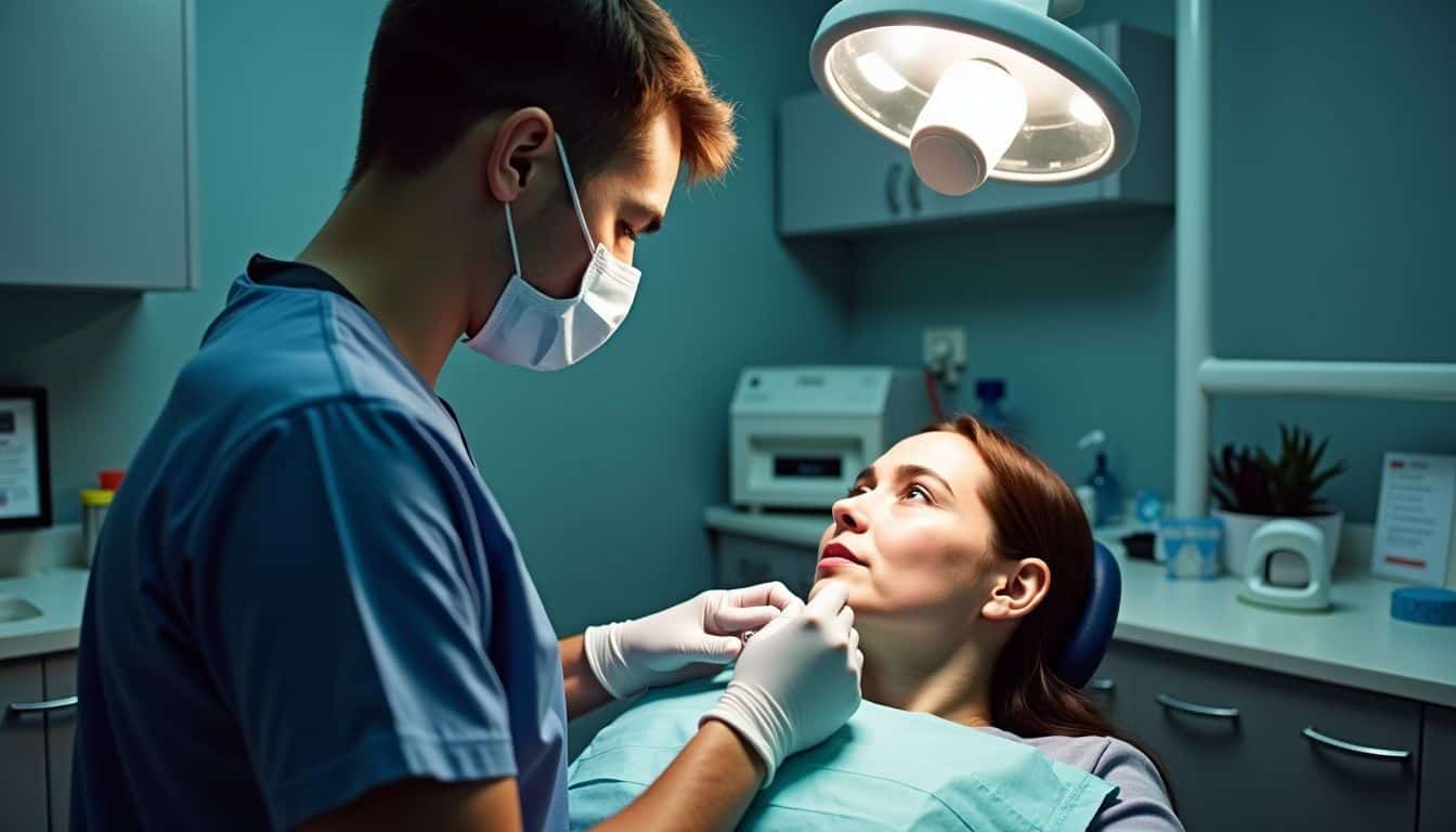 A dentist performing sinus lifting surgery on a patient in a dental office. A dentist performing sinus lift augmentation on a patient in a dental office.