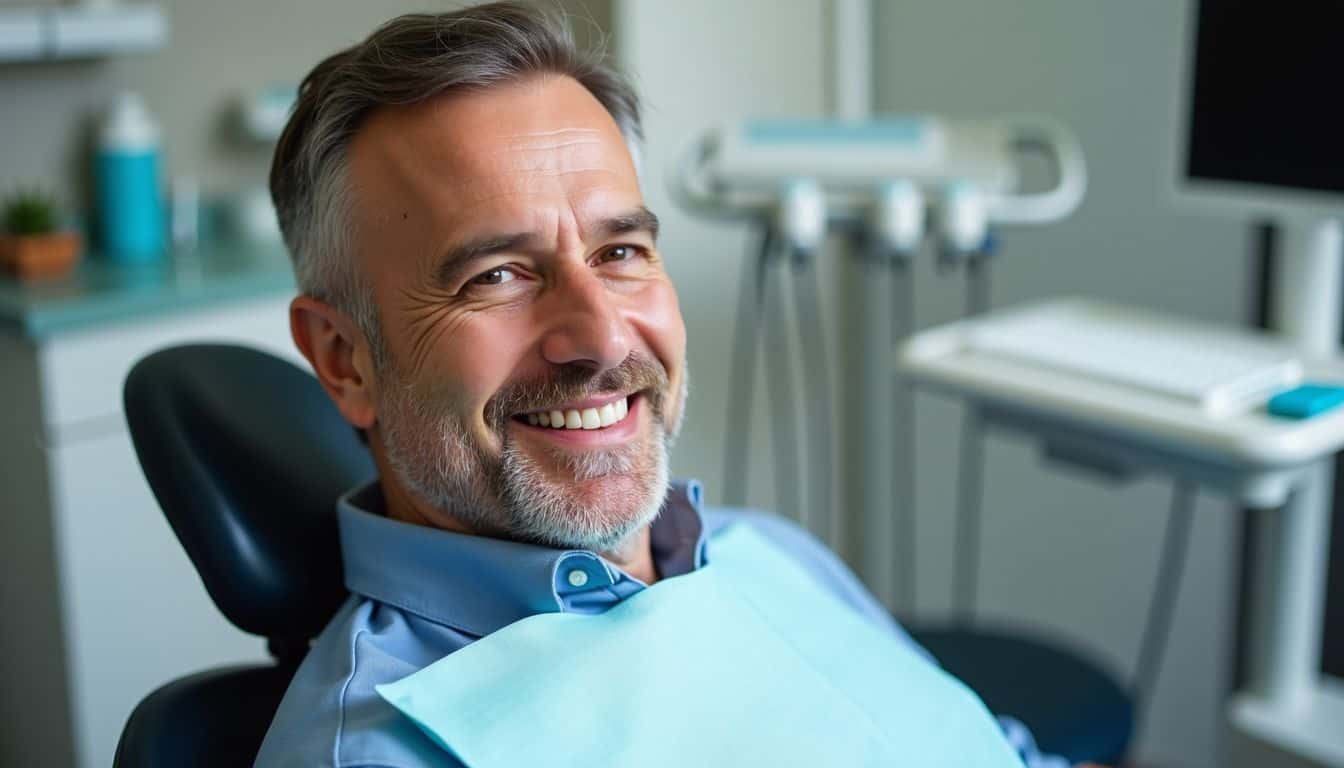 A middle-aged man undergoes a dental implant procedure in a dental office. A middle-aged man undergoes dental implants procedure in a dental office.
