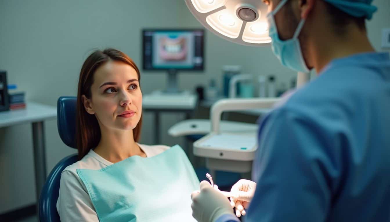 A patient in a dentist's chair getting ready for a oral surgery. A patient getting ready for oral surgery in a dentist's chair.