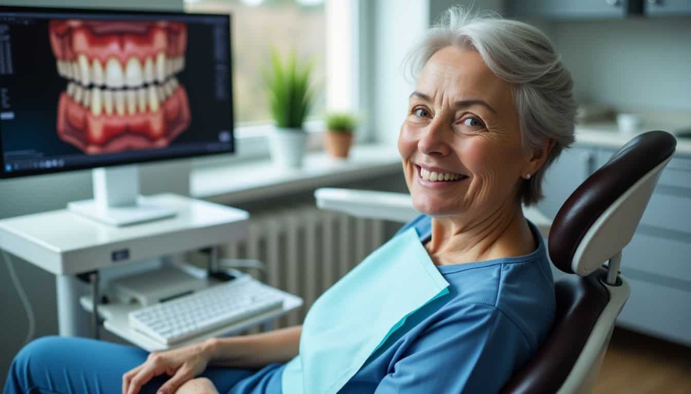 An older woman sits in a dental chair while the dentist plans her treatment. An older woman sits in a dental chair while the dentist plans her treatment.