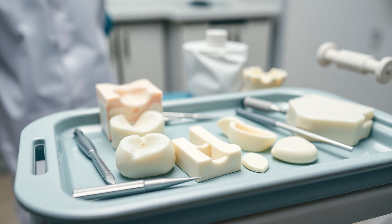 Close-up of dental bone grafting materials on a dentist's tray. Close-up of dental bone grafting materials on a dentist's tray.